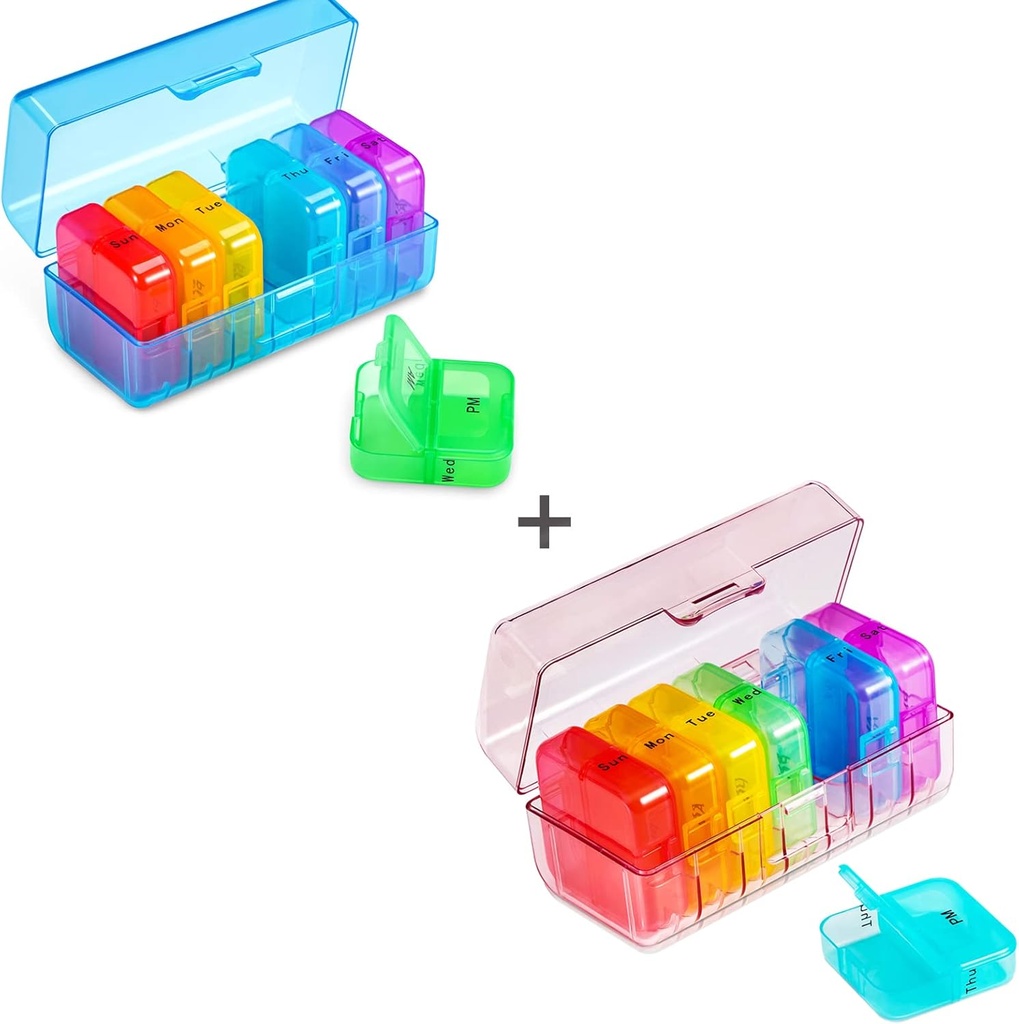 Organisateur hebdomadaire de pilules Zoksi 2 fois par jour, Arc-en-ciel 7 jours Pm Pill Box, Daily Am Pm Pill Organisateur 7 jours, Portable Vitamine Pill Case, Weekly Pill Box for Fish Oils, Vitamine, Supplément (2 Pack)