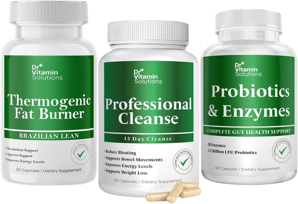 DR VITAMIN SOLUTIONS Thermogénique Fat Burner & Professional Detox Cleanse Bundle - Nettoyez 15 jours pour la gestion du poids, la santé des intestins et le dégel - 240 capsules