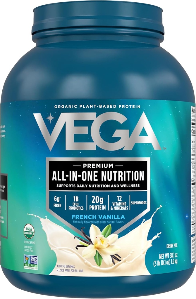 Vega Organic All-in-one Vegan Protein Powder Vanille Française (43 portions) Superaliments Ingrédients, Vitamines pour le soutien immunitaire, Keto Friendly, Pea Protein for Women & Men, 3.10lbs(Pack of 6)