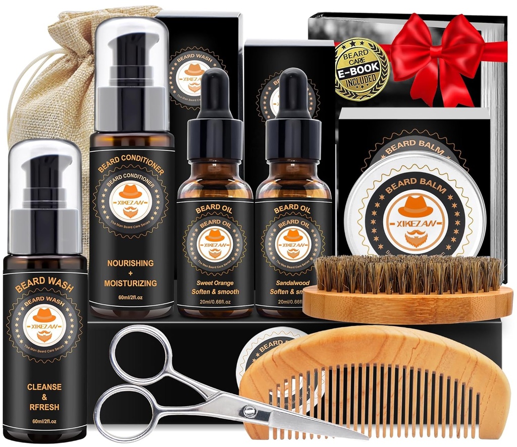 XIKEZAN Beard Kit pour hommes Grooming & Care w/Beard Conditioner, Laver, Huile, Baume, Brosse, Peigne, Pères de Birthday Valentines Cadeaux pour hommes lui papa mari boyfriend Cadeaux de Noël hommes Bas Stouffers