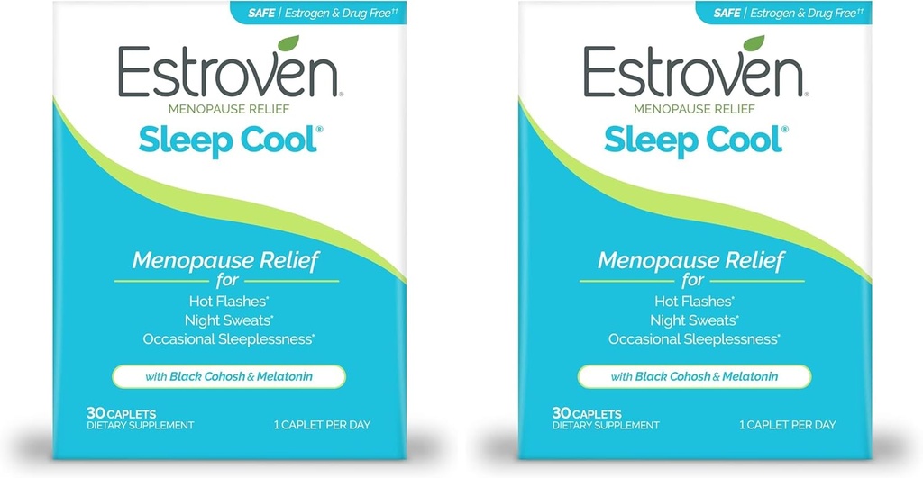 Estroven Sleep Cool pour le soulagement de la ménopause, 30 Ct, Supplément de soutien du sommeil avec des ingrédients cliniquement prouvés pour soulager les symptômes de la ménopause plus les sueurs nocturnes et le soulagement du flash chaud, sans médicament et sans gluten