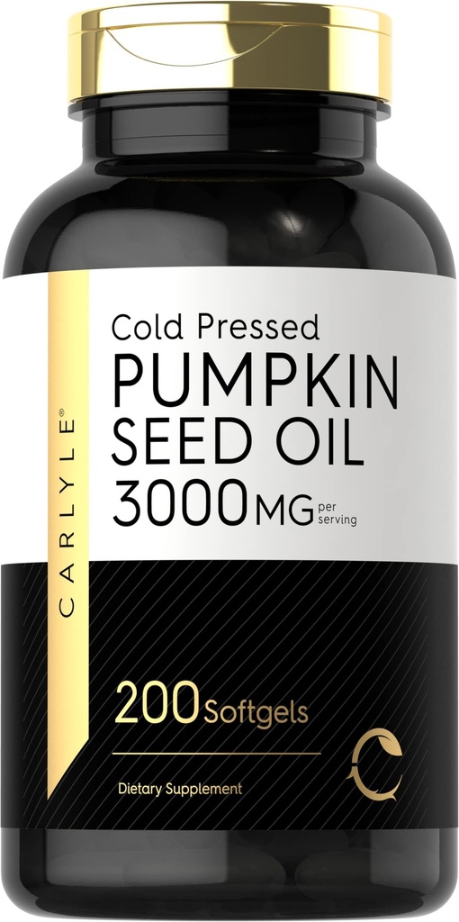 Capsules d'huile de graines de citrouille de Carlyle $ 3000mg $ 200 Softgels $ Acides gras essentiels $ Supplément alimentaire pressé à froid $ Formule sans OGM et sans gluten