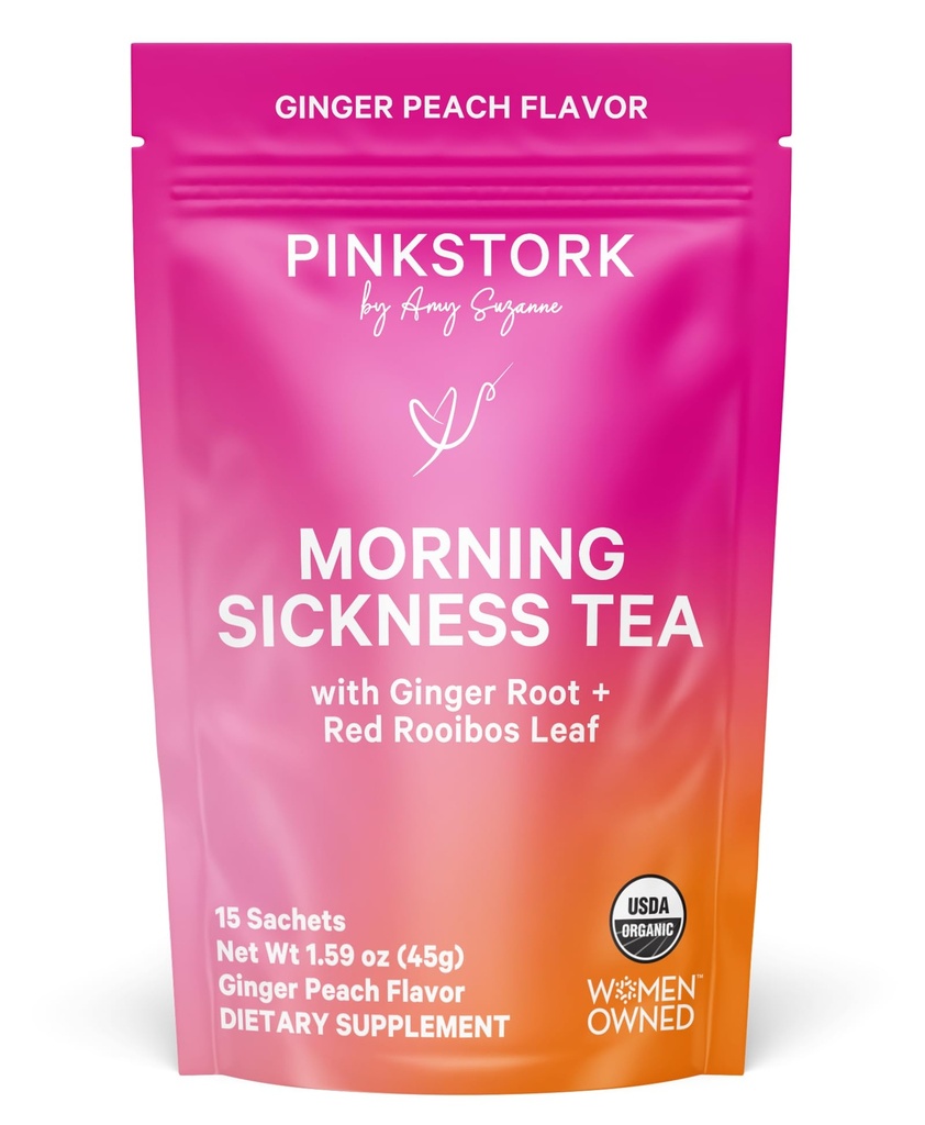 Pink Stork Maladie biologique du matin Thé de grossesse - Thé chaud ou glacé - Brûlures d'estomac prénatales, indigestion et soutien à la constipation - 1ère grossesse Trimester doit avoir - Ginger Peach, 15 sachets