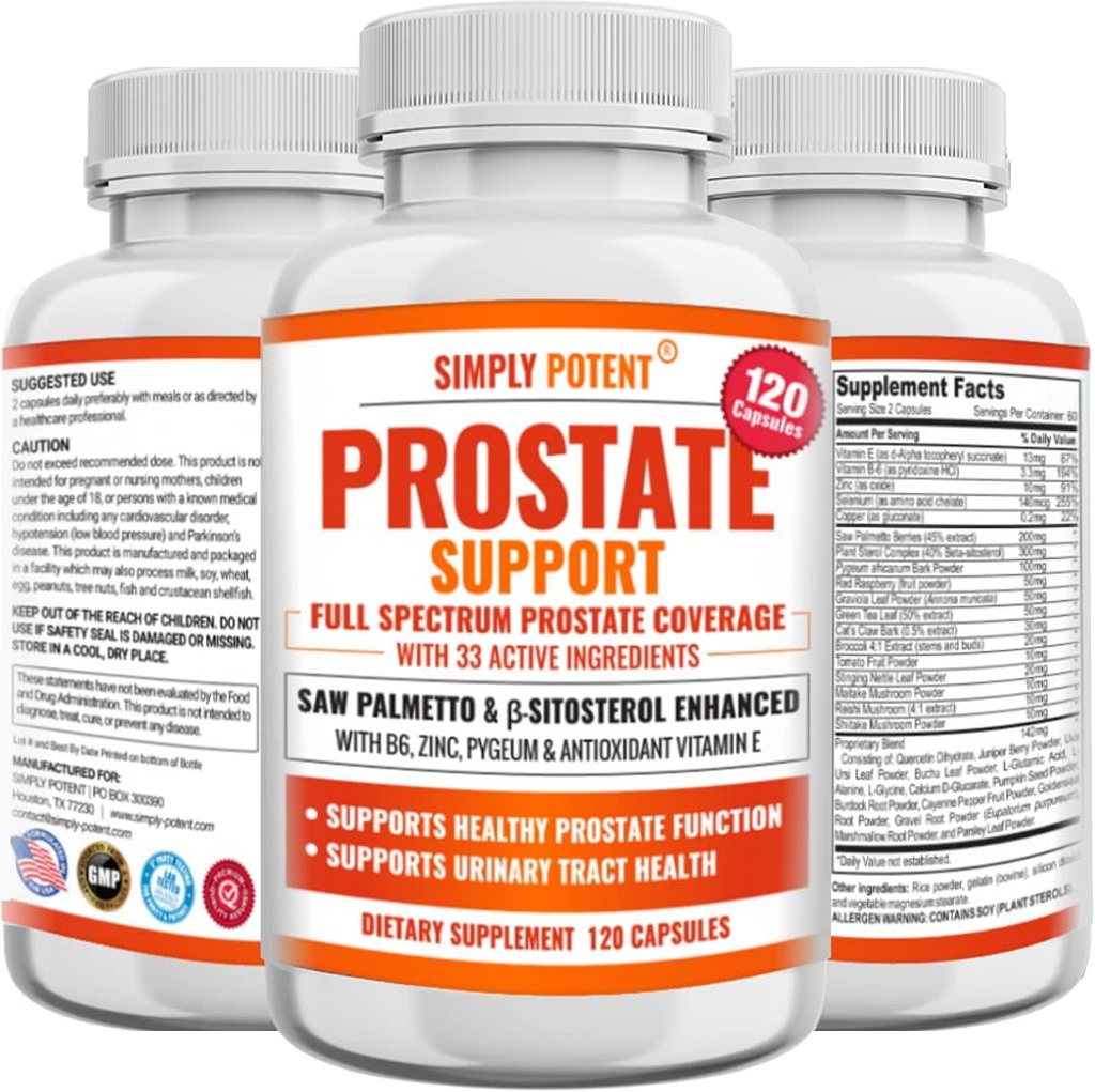 Suppléments prostatiques pour les hommes (120 capsules), Saw Palmetto Prostate Health Support - 33 vitamines et herbes - Beta Sitostérol Plus B6, Sélénium et zinc pour une miction saine Fréquence et débit et sommeil approprié