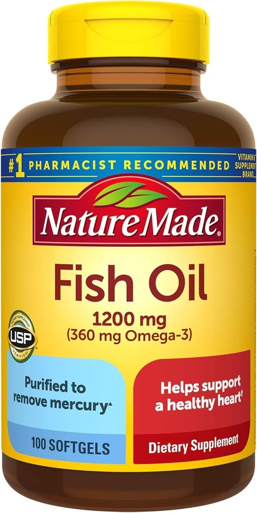 Huile de poisson 1200mg, 100 Softgels, Huile de poisson Oméga 3 Supplément pour la santé du coeur
