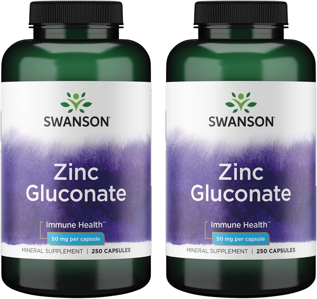 Gluconate de zinc de Swanson - supplément minéral favorisant la santé de la prostate, la santé de la vision et le soutien immunitaire - forme de gluconate pour l'absorption optimale - (250 capsules, 50 mg chacune) (2 boîtes)