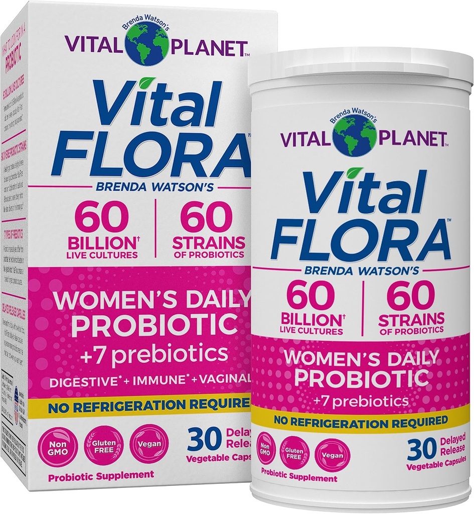 Vital Planet - Vital Flora Probiotics pour les femmes 60 Million CFU, différentes souches, la plate-forme quotidienne probiotique stable avec les prébiotiques organiques, pour le soutien vaginal, immunitaire et la santé digestive 30 capsules