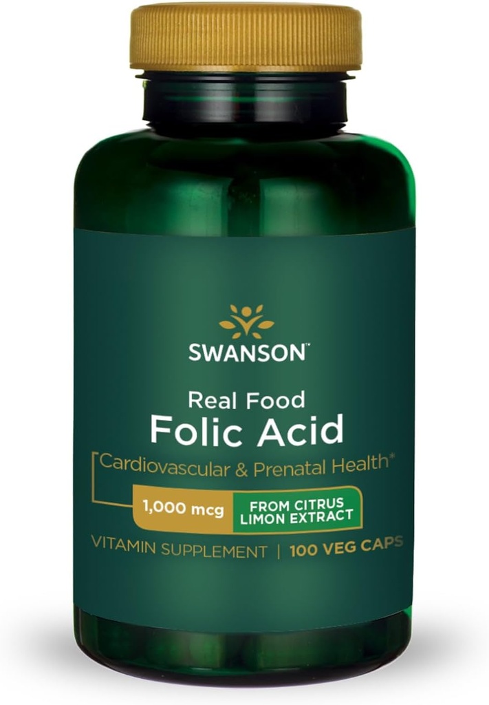 Swanson True Food Folic Acid Folate Vitamine B-9 Santé prénatale cardio-vasculaire de l'extrait d'agrumes Limon Vegan sans gluten B9 1000 mcg 100 Gélules (caps)