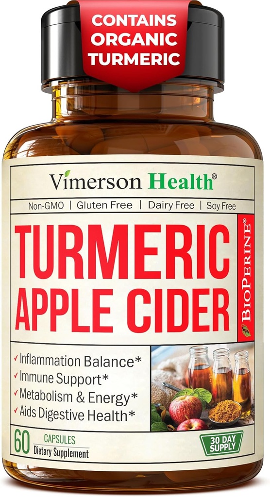 Organic Apple Cider Vinegar with Turmeric Curcumin Supplement & Ginger for Digestive Health, Metabolism, Energy & Joint Support - Organic Turmeric & Apple Cider Vinegar Capsules. 60 Vegan Non-GMO Caps
