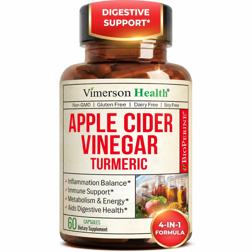 Vinaigre de cidre de pomme biologique avec supplément curcumin curcumin curcuma et gingembre pour la santé digestive, le métabolisme, l'énergie et le soutien des articulations - Capsules de vinaigre de cidre de pomme et curcuma biologique.