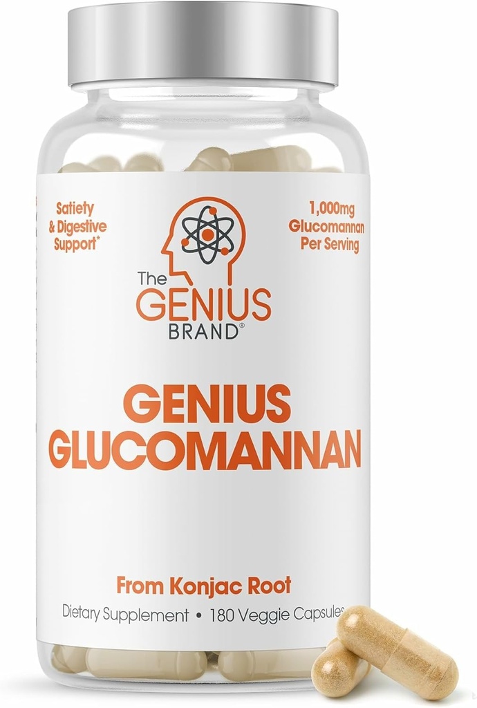 The Genius Brand Genius Glucomannan - Glucomannan Capsules for Digestive Health, Energy & Satiety Support - Natural Fiber for Stomach Comfort - Non-GMO & Vegan - 180 Veggie Capsules