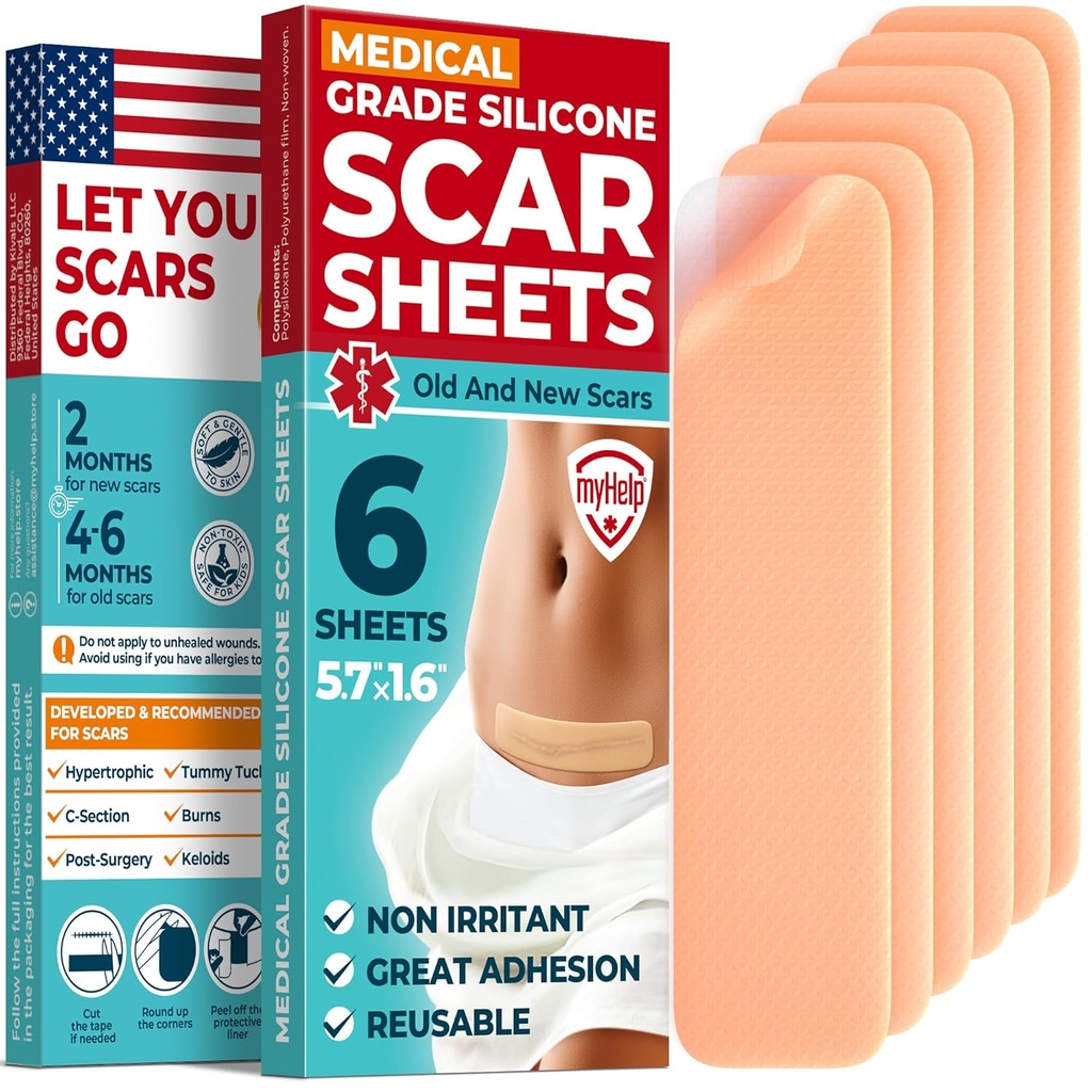 Feuilles de cicatrices en silicone de qualité médicale - 6pk (5,7=x1,6=) - Différence visible sur les marqueurs chirurgicaux et kéloïdes - Bandes de cicatrices en silicone de section C réutilisables - Bandes faciles à utiliser