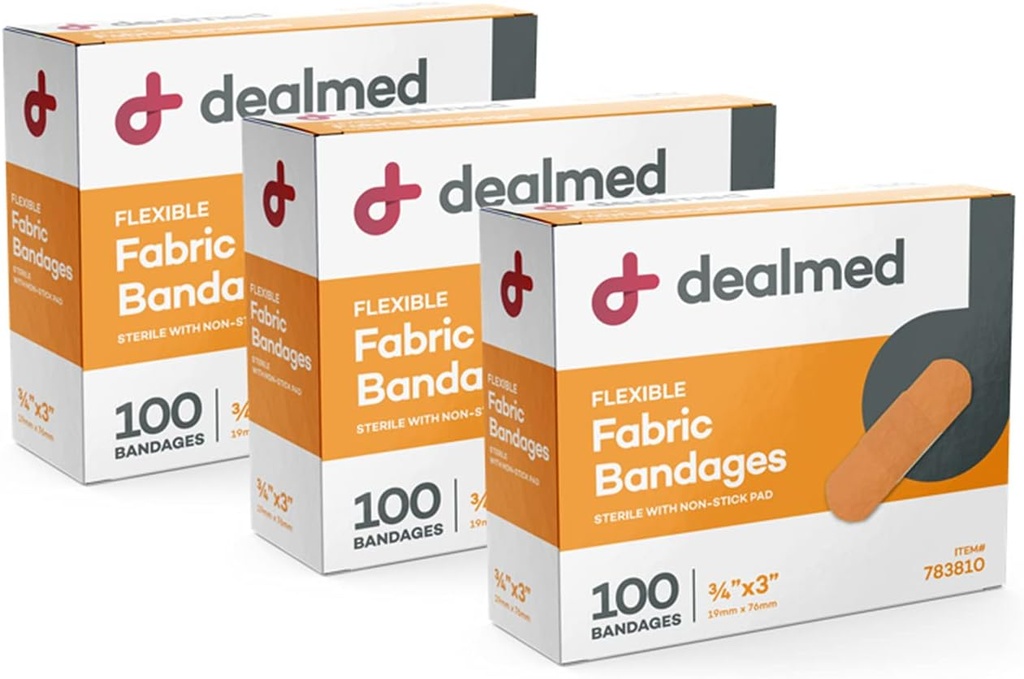 Bandes adhésives flexibles en tissu offert – 100 bandages de comptage (3 paquets) avec pad non-collant, sans latex, soin de la plaie pour trousse de premiers soins, 3" x 3/4"