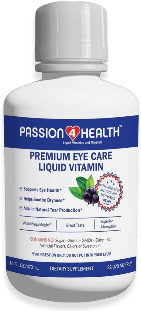 Passion 4 Vitamines oculaires liquides pour la santé - Supplément pour la vision naturelle et l'entretien des yeux des adultes - Soutien premium avec extrait de baie de Maqui, sans gluten, sans OGM, sans sucre - 30 jours d'approvisionnement, fabriqué aux États-Unis