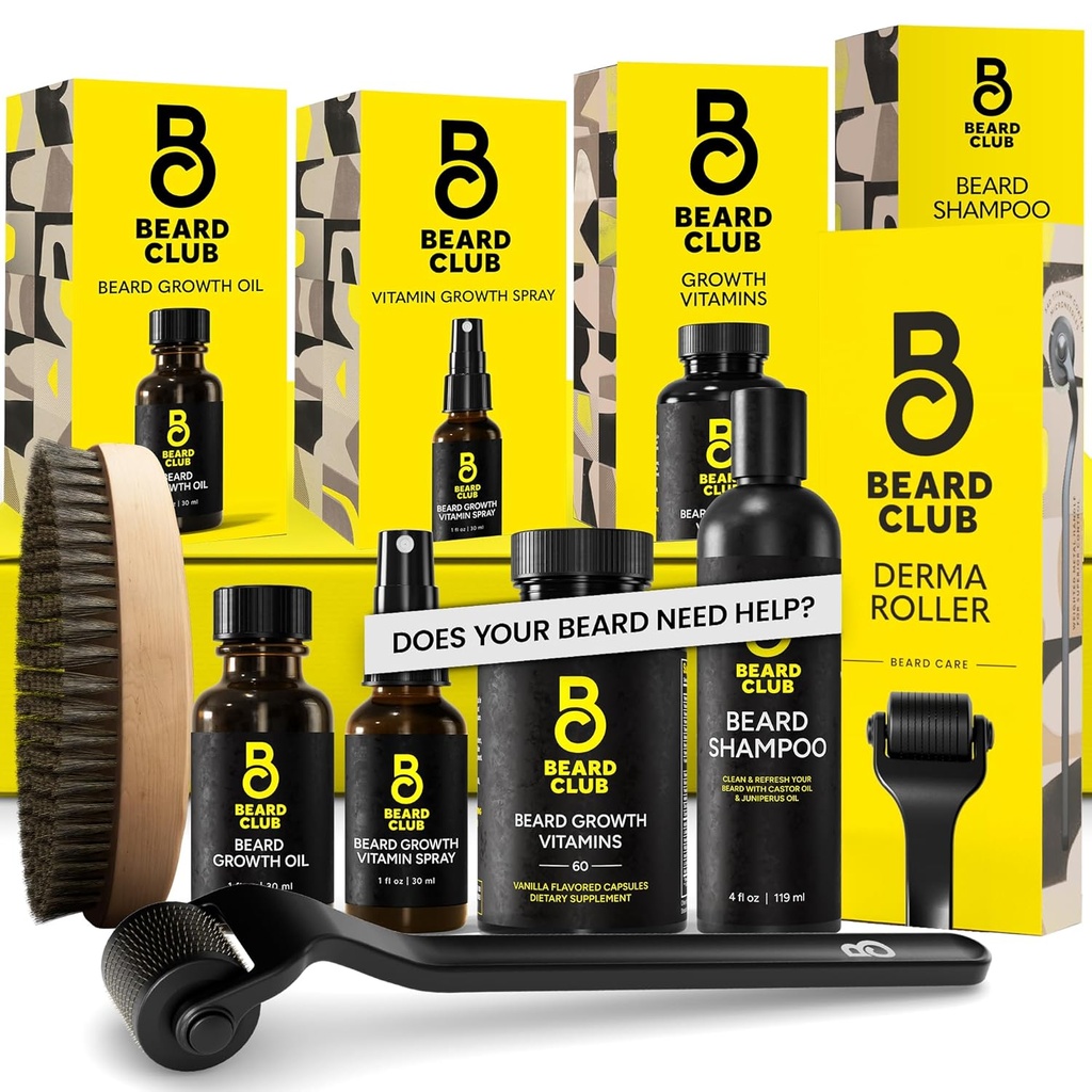 The Beard Club Advanced Beard Growth Kit - Derma Roller, Growth Oil, Vitamins and Vitamin Spray, Shampoo and Boar Bristle Brush - Gift Set - Cedar