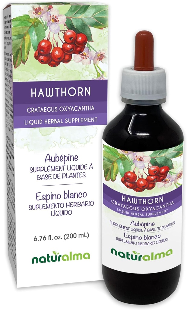 Naturalma Hawthorn (Crataegus oxyacantha) Teinture sans alcool et fleur - 6,76 fl oz Extrait liquide dans les gouttes - Supplément à base de plantes - végétalien