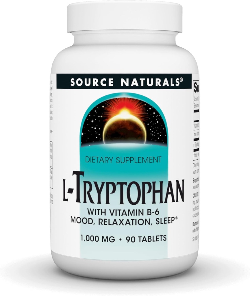 Source Naturals L-Tryptophane avec vitamine B-6 support d'humeur, relaxation et sommeil -1000 mg - 90 comprimés