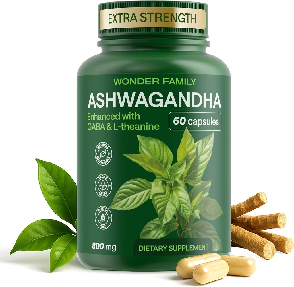 Ashwagandha Complex 800mg avec GABA, L-Theanine & B6 – Support Adaptogène pour Calme, Focus & Mood – 60 Capsules – Plus forte que 600mg - Non-OGM, sans gluten