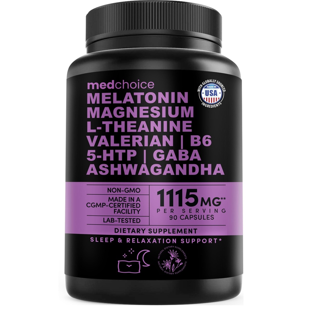 Capsules de sommeil en mélatonine 12-en-1 - Aide naturelle au sommeil pour les adultes avec la mélatonine 5mg et le glycinate de magnésium 500mg, Aide au sommeil avec Ashwagandha, L Theanine, racine valériane, GABA, 5-HTP (90ct, boîte de 1)