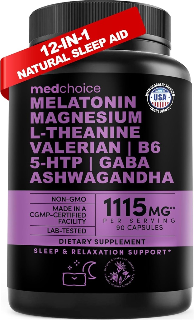 Capsules de sommeil en mélatonine 12-en-1 - Aide naturelle au sommeil pour les adultes avec la mélatonine 5mg et le glycinate de magnésium 500mg, Aide au sommeil avec Ashwagandha, L Theanine, racine valériane, GABA, 5-HTP (90ct, boîte de 1)