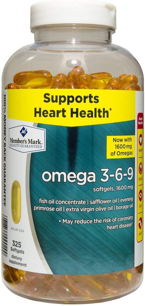 Membre Mark Omega 3, 6, 9 Supplément alimentaire 1600 Mg, Gels doux, 325Count