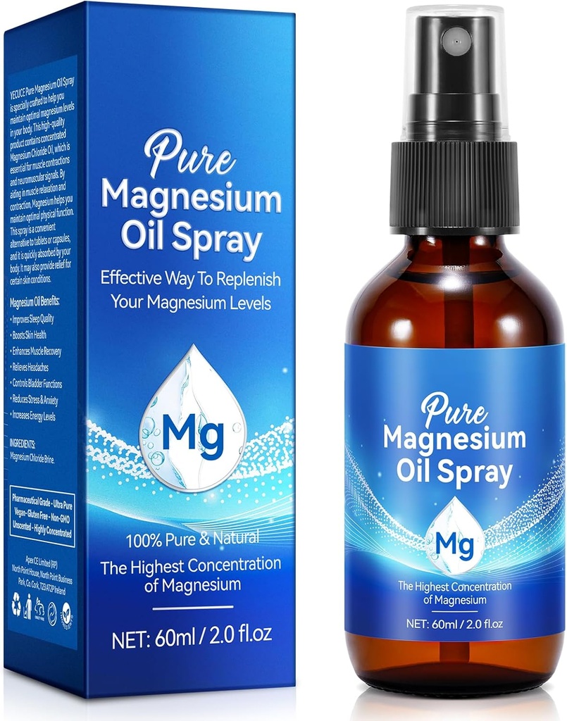 Spray de magnésium pur pour pieds, huile de magnésium, bouteille de verre naturel biologique, facile à absorber et à utiliser 60Ml.