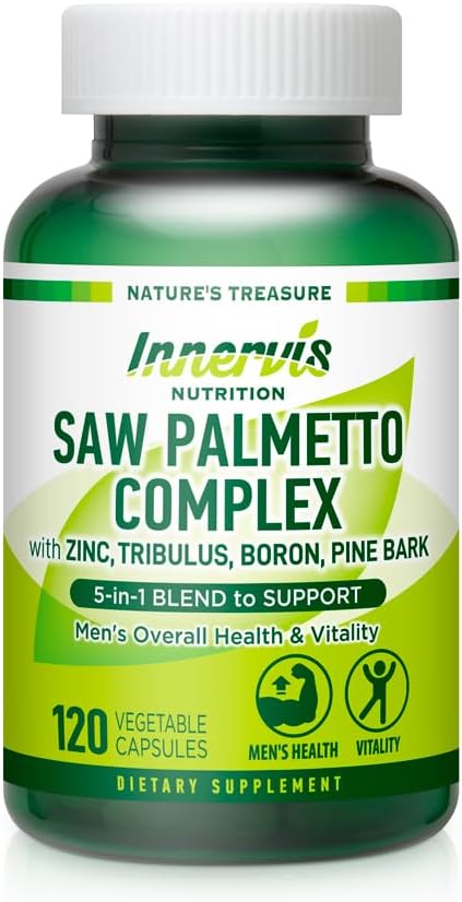 Soutien de la prostate et de l'urine pour les hommes – Complexe de palmiers à scie de 5 en 1 avec Zinc, Tribulus, Boron, Pine Bark – 120 Capsules de Veggie