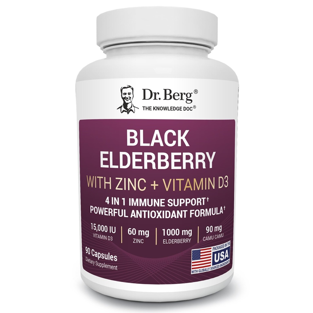 Dr Berg Black Elderberry Capsules (support immunitaire avancé*) avec 15 000 UI de vitamine D, 60 mg de zinc et 90 mg de Camu Camu - (4-in-1) Sambucus Elderberry Supplément immunitaire - 90 capsules