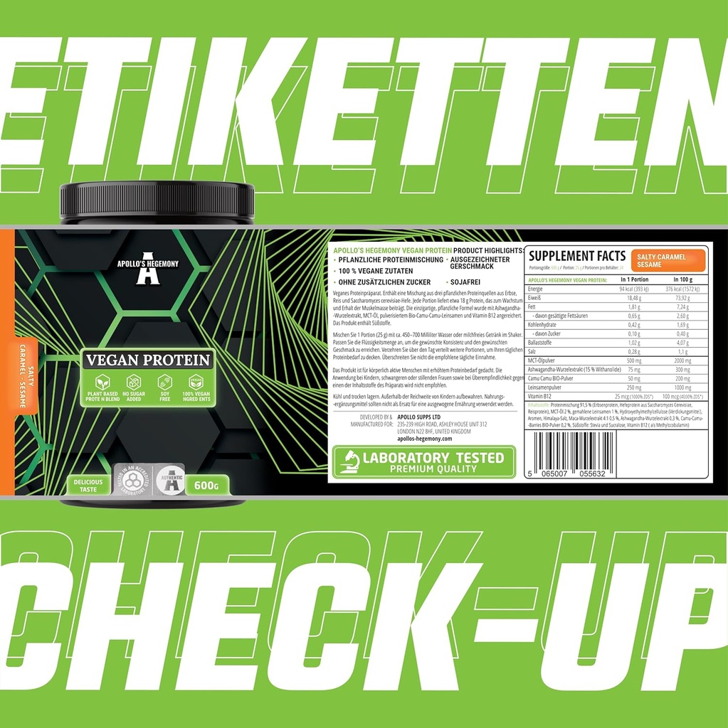 APOLLO'S HEGEMONY Protéine végane 600g : Protéine végétale avec pois, riz et levure - Riche en acides aminés - 24 portions - Sans sucre et enrichie en vitamine B12, saveur de sésame