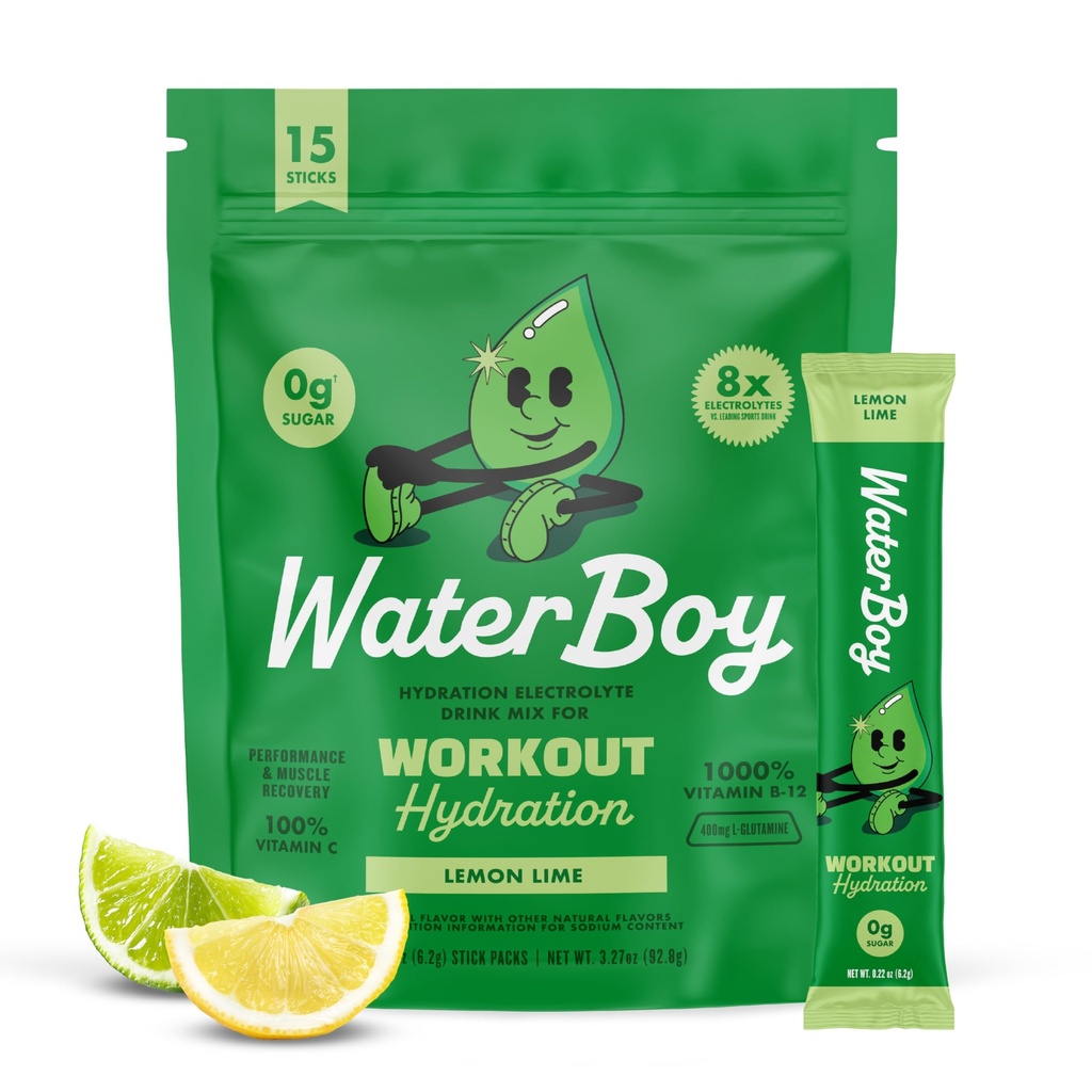 Waterboy entraînement Hydratation $ 2,960mg Sucre sans électrolyte en poudre Packets $ L-Glutamine + Vitamines $ Pas de sucre, tout naturel, sans gluten $ 15 Buvez des mélanges de bâton (Lemon Lime)