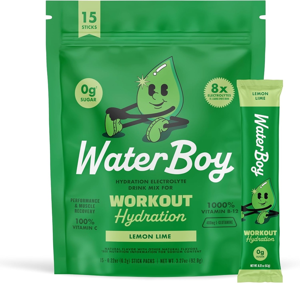 Waterboy entraînement Hydratation $ 2,960mg Sucre sans électrolyte en poudre Packets $ L-Glutamine + Vitamines $ Pas de sucre, tout naturel, sans gluten $ 15 Buvez des mélanges de bâton (Lemon Lime)