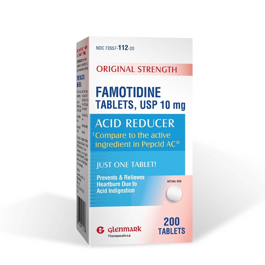 Glenmark Therapeutics Initial Strength Famotidine Comprimés, 10 mg, Réducteur acide pour soulager les brûlures d'estomac, 200 Compte