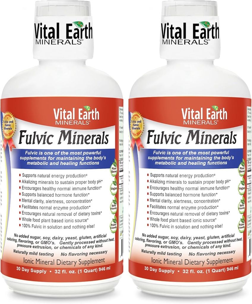 Minéraux de la Terre Vitalité Minéraux Fulvic Liquide – Supplément acide Fulvic avec 70 minéraux traces, électrolytes pour l'énergie et la vitalité, 32 Oz Ea + 1 Oz Cup