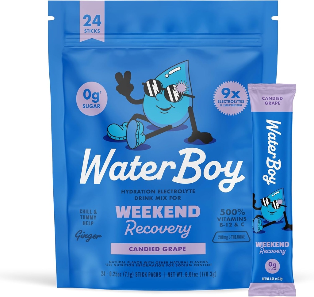 Waterboy week-end de récupération de $ 3,187mg Electrolyte en poudre Packets $ Ginger + L-Theanine + Vitamines $ Pas de sucre, tout naturel, sans gluten $ 24 Buvez des mélanges de bâton (Grape)