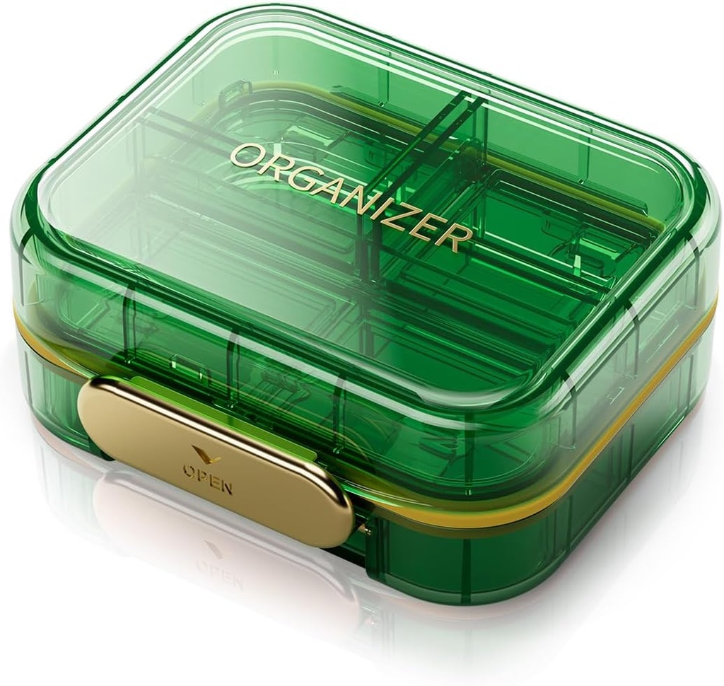 Portable Travel Pill Organizer with 7 Compartments - Perfect Weekly Pill Case Waterproof Pill Box for Daily Vitamins and Medicine, Small Pill Container for Pocket Purse (Green)