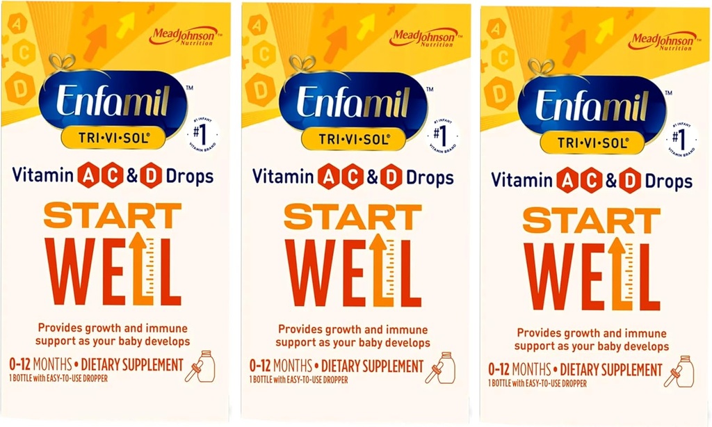 Enfamil Tri-Vi-Sol vitamine A, C & D gouttes pour les nourrissons 0-12 mois, la croissance et le soutien immunitaire supplément alimentaire, 1 bouteille avec goutteau (paquet de 3)