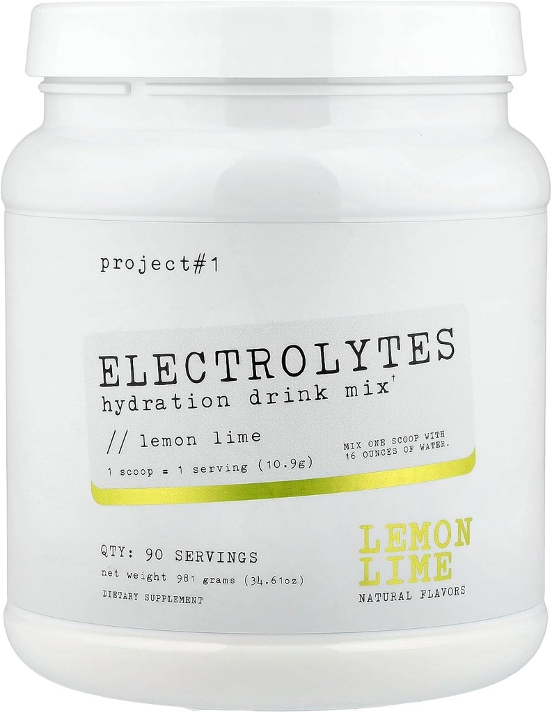 Projet no 1 Mélange de boissons électrolytiques - Saveur de citron Lime - Hydratation améliorée avec de l'eau de potassium et de noix de coco - Basse calories, poudre d'électrolyte haute performance pour la condition physique et l'endurance - 90 portions