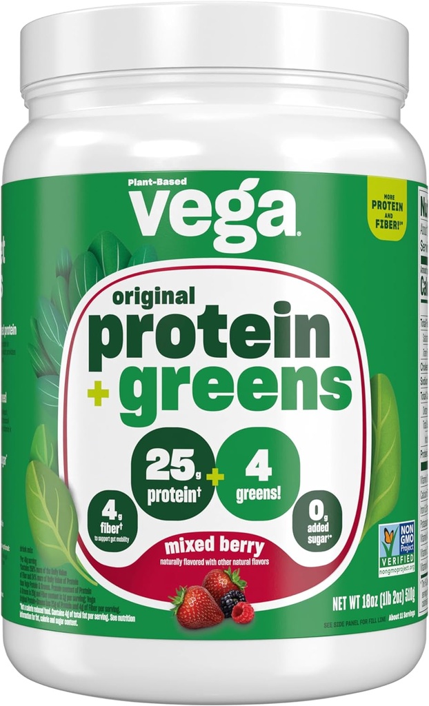 Vega Protéines et Verts Poudre de protéines Berry mixte (11 portions) 25g Protéines végétales plus légumes, végétaliens, non OGM, protéines de pois pour les femmes et les hommes, 1,2lbs
