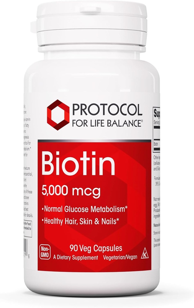 PROTOCOLE POUR LA BALANCE DE VIE Biotine 5 000 mcg - Supplément Vitamine B7 - Cheveux, peau, ongles - pour le métabolisme et la croissance cellulaire - Capsules de vitamine B Biotine - 90 capsules Vég.