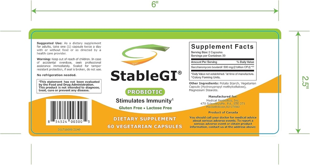 Supplément probiotique - Saccharomyces Boulardii Supplément pour tous les âges - Facile à avaler - Capsules végétariennes - Supporte le système immunitaire et GI santé – 60 Capsules