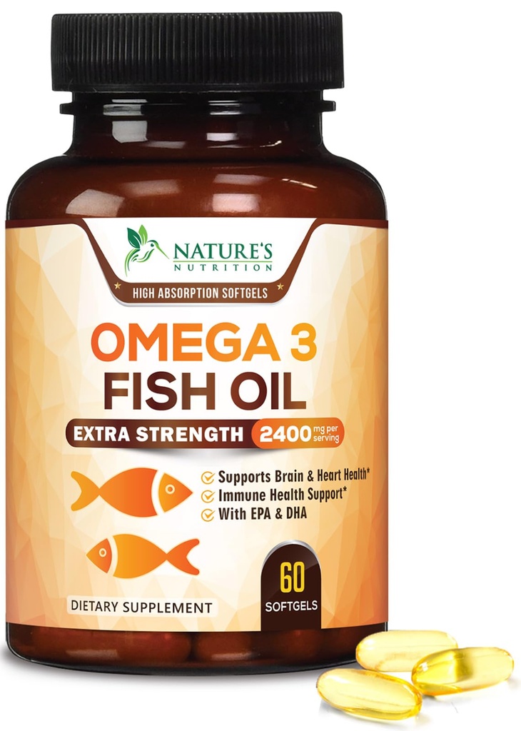 Omega 3 Fish Oil Supplements - 2400mg Fish Oil Per Serving - Triple Strength Omega-3 with EPA & DHA Fatty Acids - Natural Heart, Brain & Immune Support - Wild Caught, Bottled in USA - 60 Softgels
