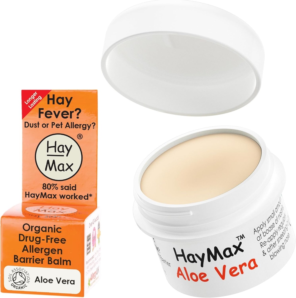 Baume de barrière d'allergènes HayMax - Aloe Vera 0,17 fl oz - Bio, naturel et non somnolent Baume de lutte contre la fièvre et l'allergie - Blocs Pollen et autres particules d'allergène - Idéal pour les adultes, les enfants et les femmes enceintes