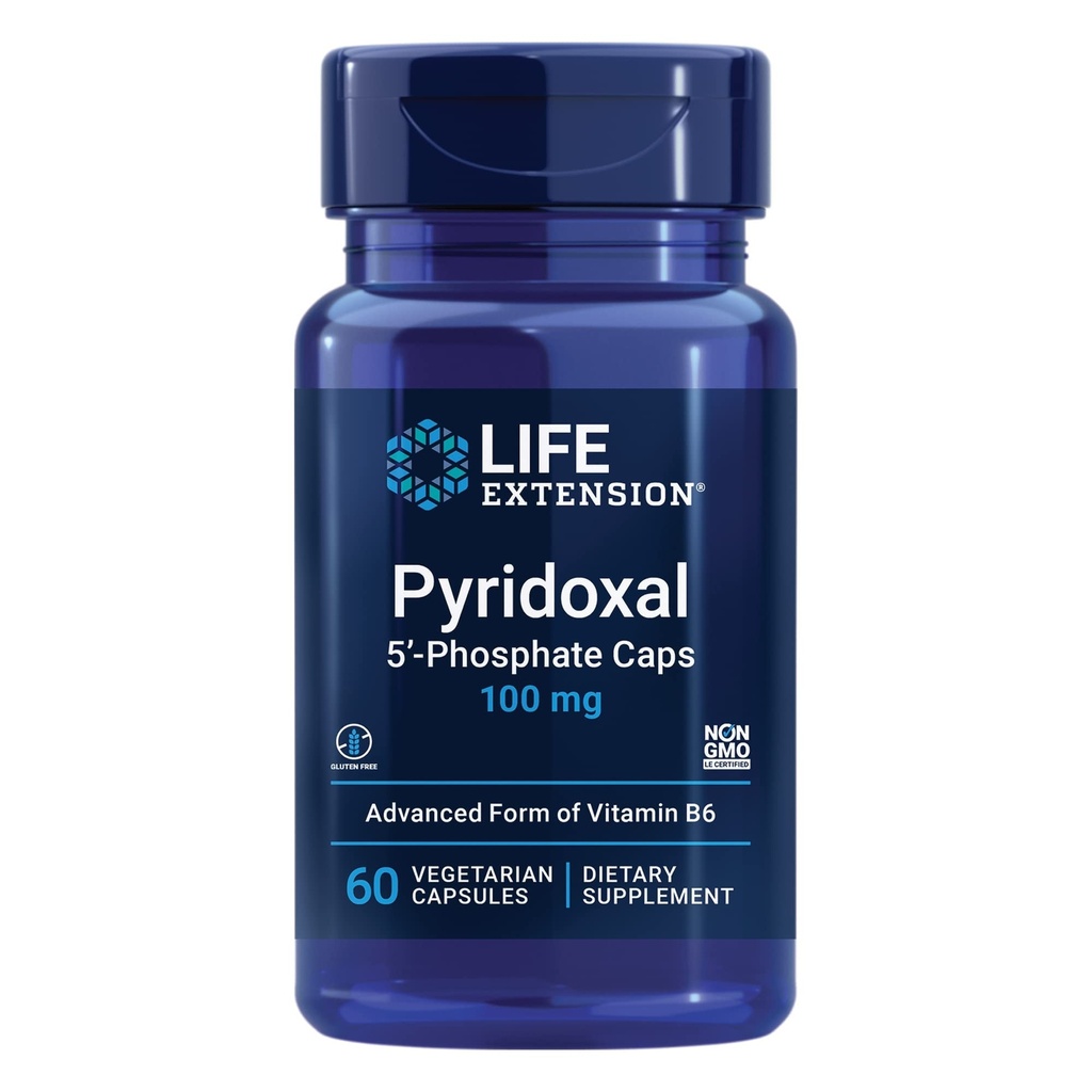 Prolongation de vie Pyridoxal 5'-Phosphate Caps — Vitamine B6, 100 mg, Bioactif B6 pour la santé cardiovasculaire, rénale et nerveuse — sans gluten, non OGM, végétarienne — 60 capsules végétariennes