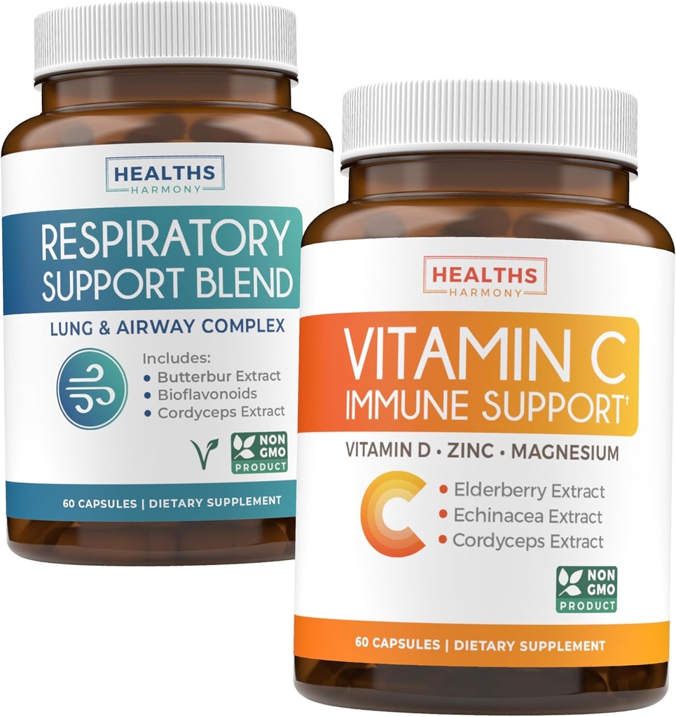 Respiration et vitamine C (1-Mois) Respiration Easy Bundle - Soutien respiratoire Deep Lung Cleanse for Airway Health (60 capsules) & Vitamine C Supplément de soutien immunitaire - Immunity Boost Blend (60 capsules)