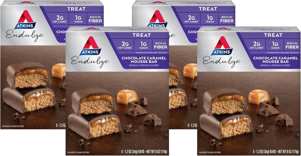 Atkins Endulge Chocolat Caramel Mousse Bar, Dessert préféré, 1g sucre, Haute en fibre, 5 Compte (paquet de 4)