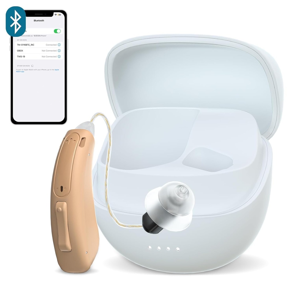 Aide auditive unique RIC pour les aînés ,CUSTOM FIT numérique sur-le-Counter Rechargeable Acouphène Masking Solution d'aide auditive premium pour les adultes, Appel Bluetooth presque invisible activé, automatique, 1pc côté gauche