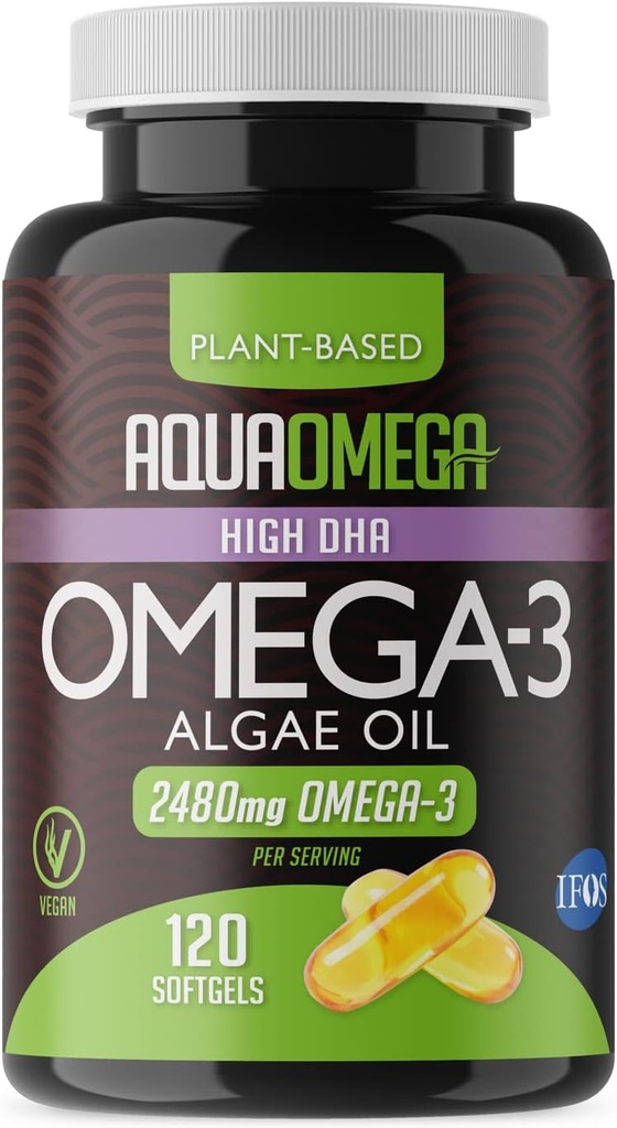 Ultimate Strength Plant based Omega 3 Supplement, Vegan Omega 3 Supplement, Organic Omega3 Fatty Acides EPA & DHA Suppléments de l'huile d'algue pressée à froid, Omega3 Algae based Supplements, 120 Softgels
