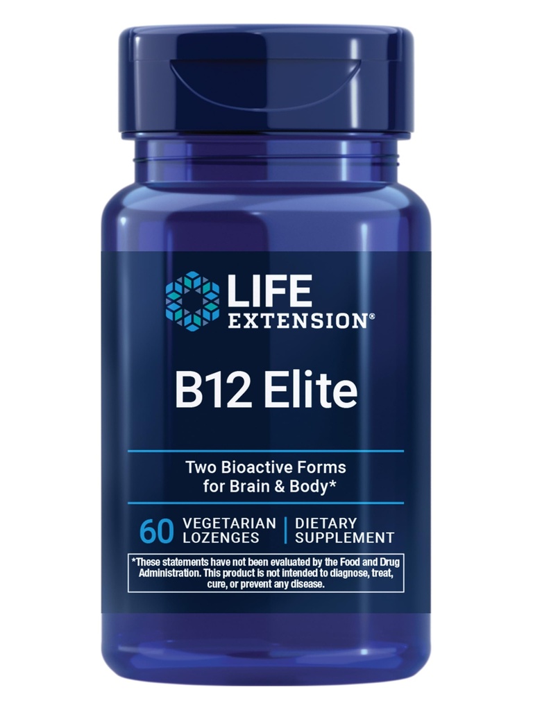 Life Extension B12 Elite, adénosylcobalamine, méthylcobalamine, deux formes actives pour la santé cérébrale et la production de dopamine, non-OGM, sans gluten, végétarien, 60 losanges
