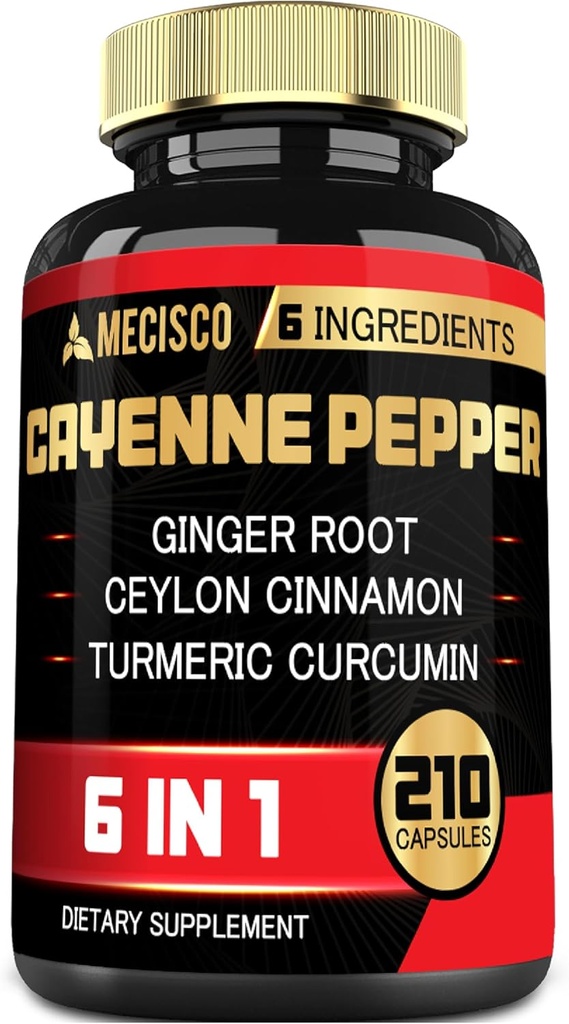 6en1 Cayenne Extrait de poivre avec racine curcumine curcuma biologique, poivre noir, et plus - Système de digestion de soutien, santé cardiaque, fonction immunitaire - 210 Capsules