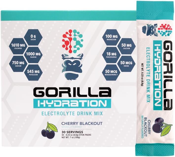 Packs d'hydratation mentale Gorilla - 3,073mg Electrolytes sur le pouce Mélange de boisson pratique pour la reconstitution complète - Zéro sucre, naturellement sucré et le jeûne amical - 30 Compte (Blackout cerise)